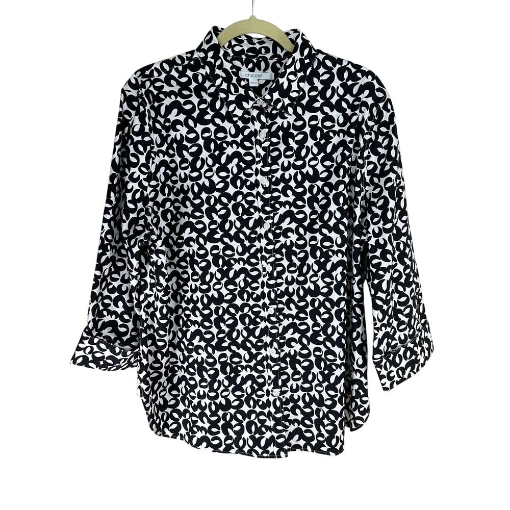 Chico’s Size 3 (US 16) Black White Abstract Print Button Front Shirt ¾ Sleeve